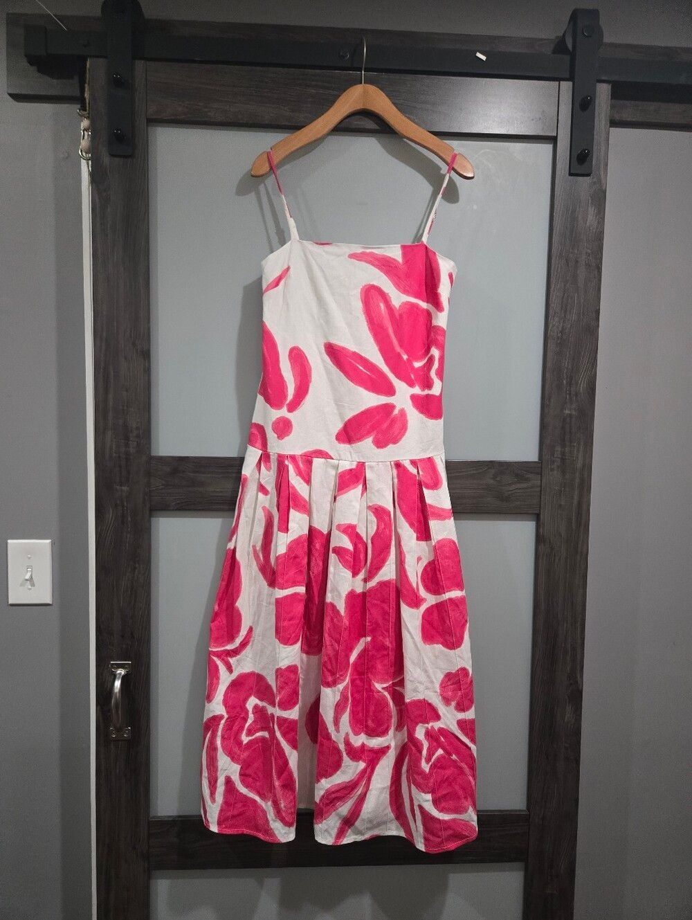 SABO Bette Ada Floral Pink Linen Cotton Pleated Midi Dress Size Approx small